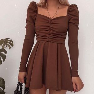 Mustard Dress, Puffed Sleeves & Scrunched Bodice